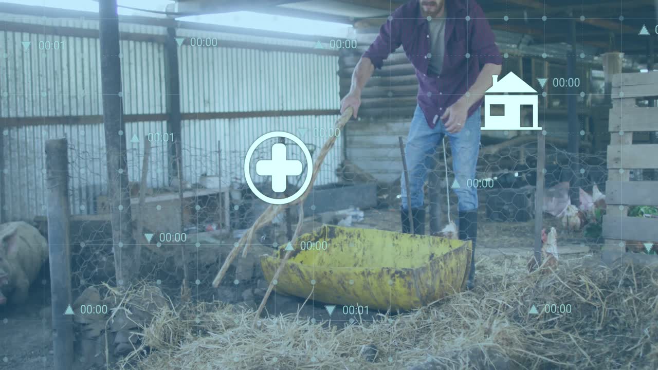 animación de procesamiento de datos financieros e íconos sobre hombre caucásico alimentando cerdos.