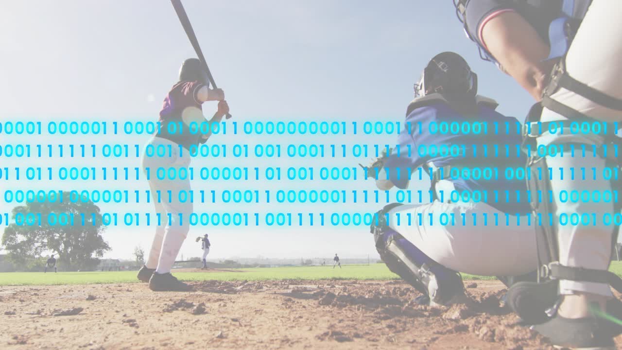 Before pitch batter shifting catcher crouching behind plate as binary digits streaming for sports