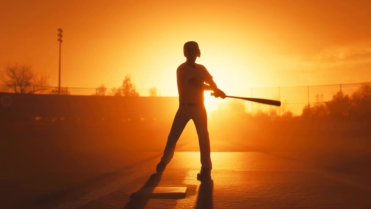 Giocatore di baseball che colpisce la palla, in un campo da baseball al tramonto, con mazza di legno e texture dell'uniforme, da una prospettiva laterale, con accenti arancioni, gialli e un'atmosfera dinamica ed energica.