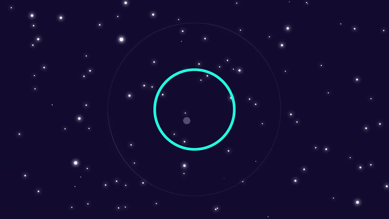 Animazione di cerchi illuminati con punti blu e illuminati che si muovono in loop su sfondo nero.