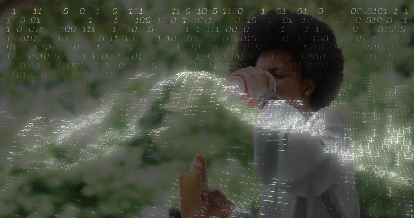 Young Woman Drinking Coffee Outdoors with Digital Data Overlay