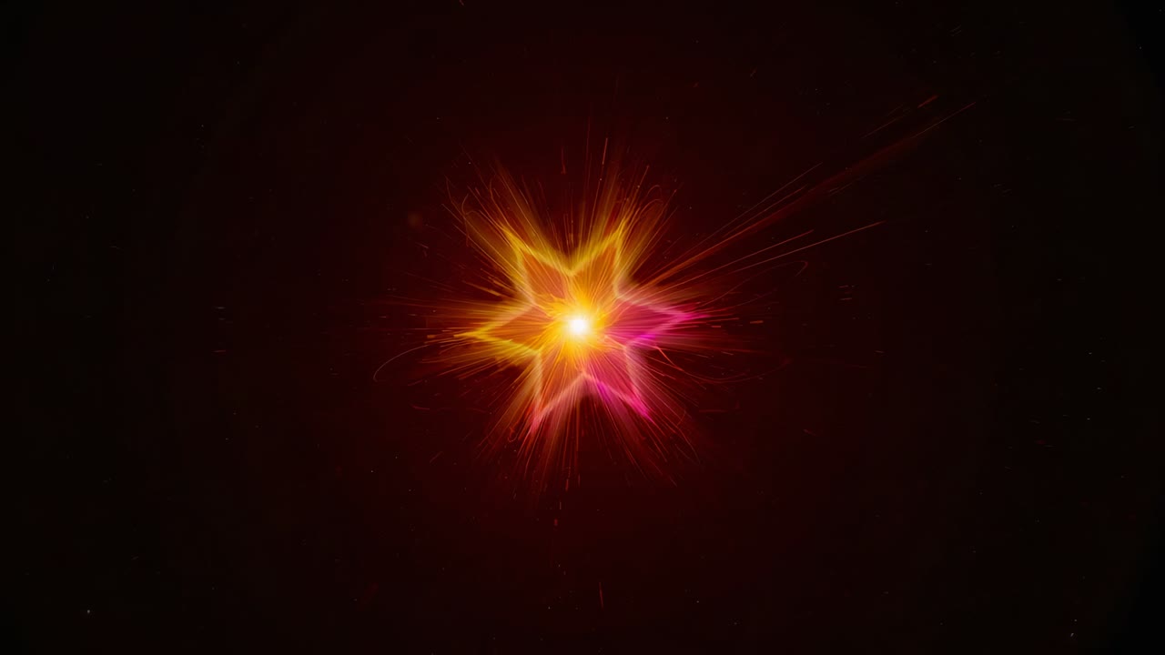 Brightening central star-shaped energy burst sending tendrils and streaks in void, releasing energy