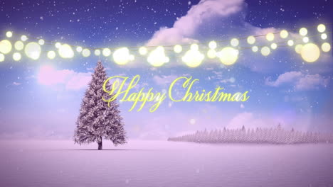 animación de nevadas, bombillas y feliz texto de navidad sobre árboles contra un cielo nublado.