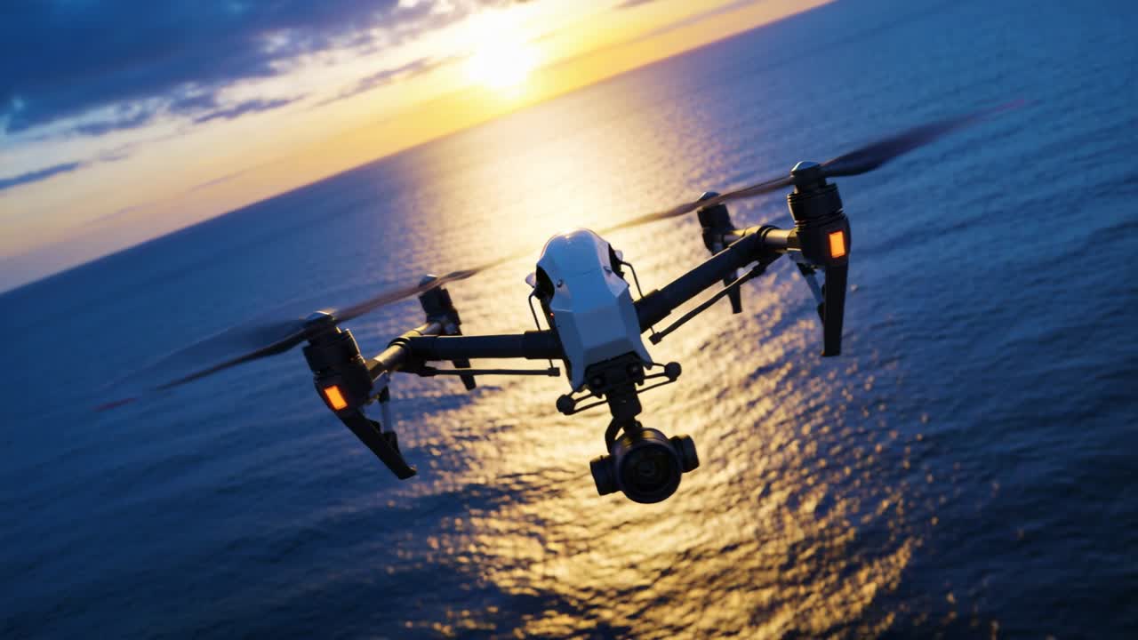 Rotating drone with gimbal closing in over ocean, capturing sunset glow, orange lights pulsing