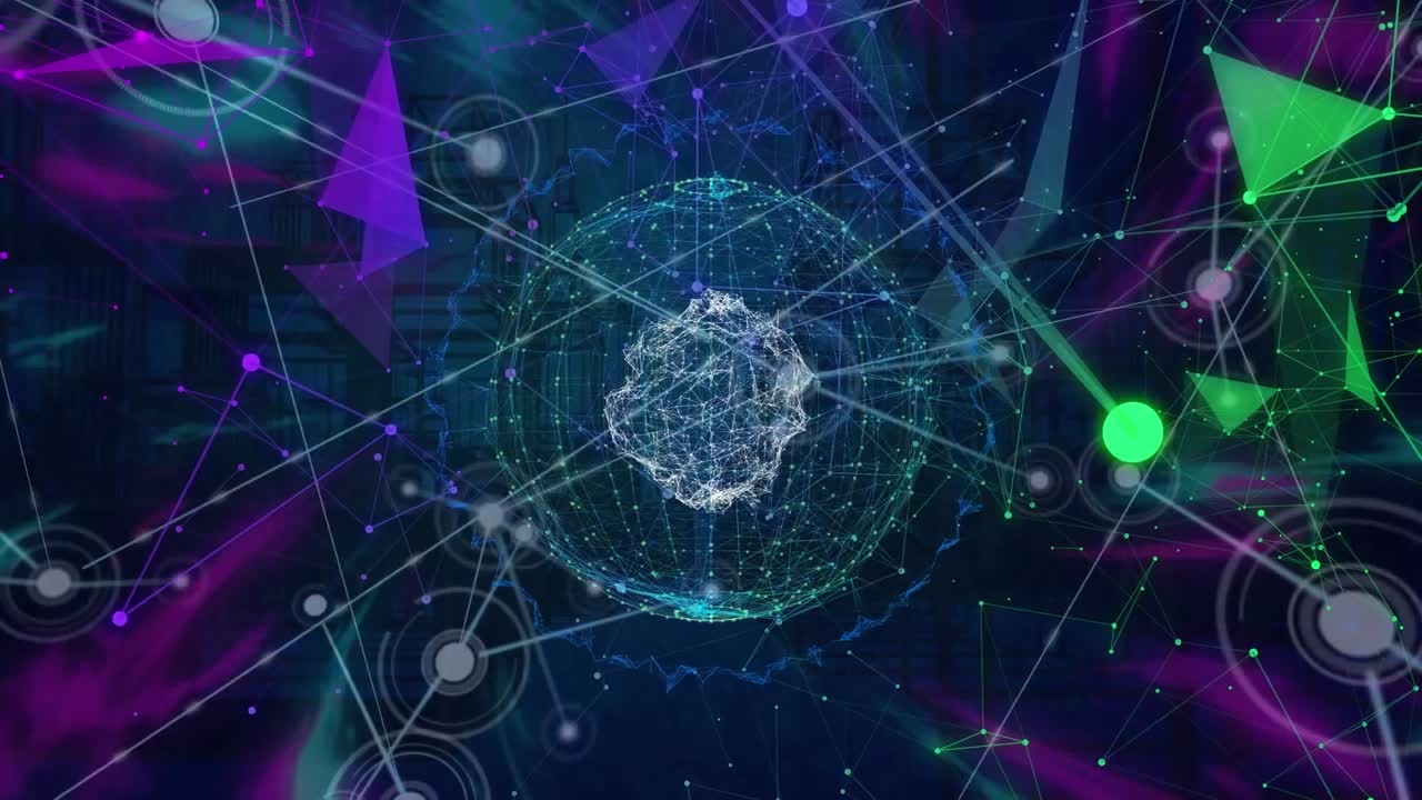 Animazione di scie luminose e rete di connessioni su città digitale su sfondo nero