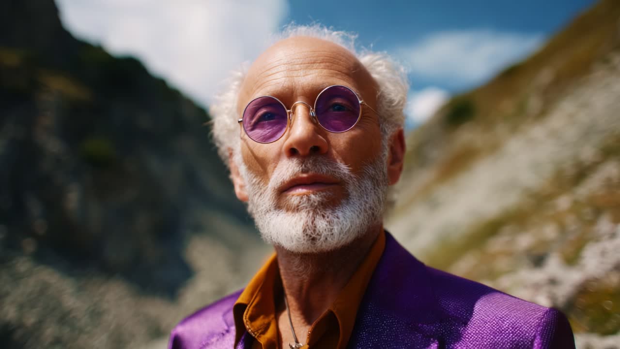 Um homem idoso distinto, com um elegante terno roxo e óculos de sol, posando com confiança em um cenário montanhoso pitoresco sob um céu limpo