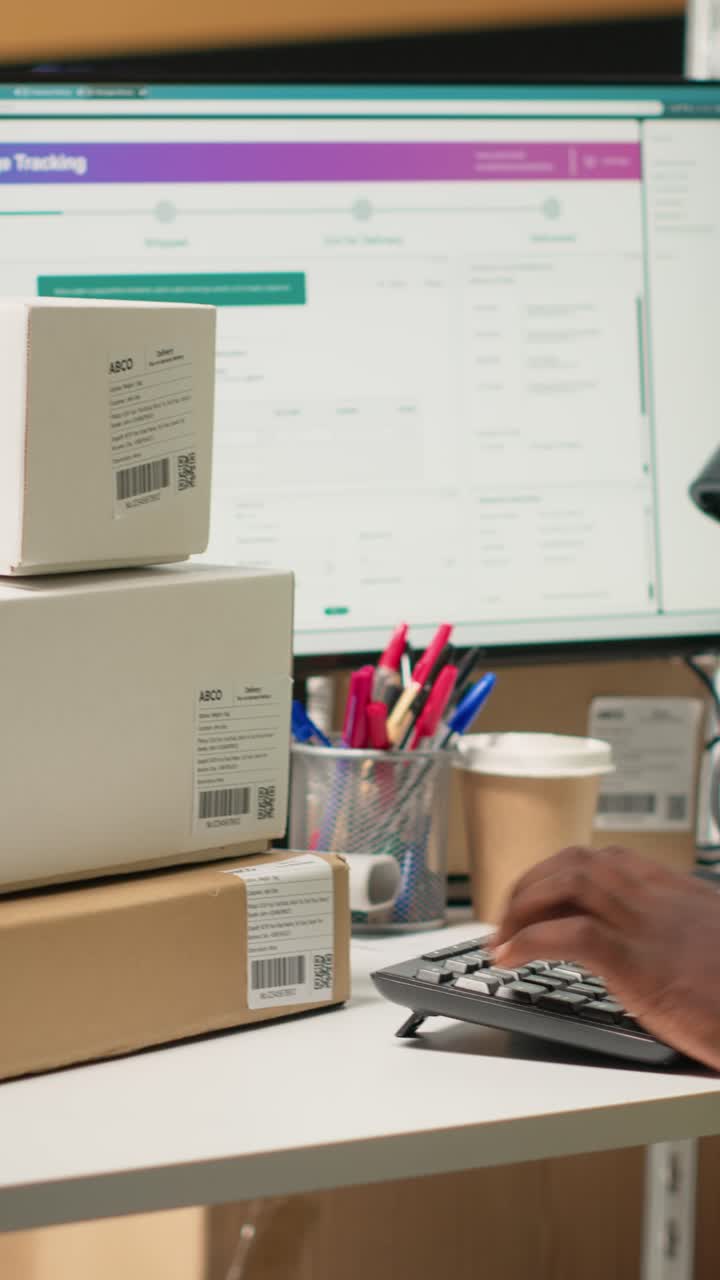 Vertical Video African american clerk uses barcode scanner to register shipment details tags