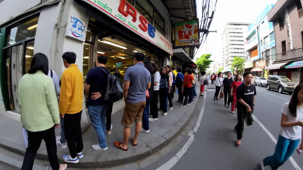 People queueing and walking on a busy Asian city street