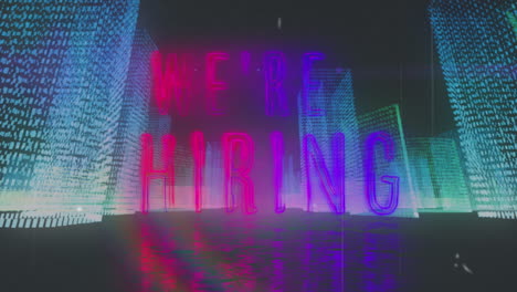 animation of we're hiring text over neon shapes on black background