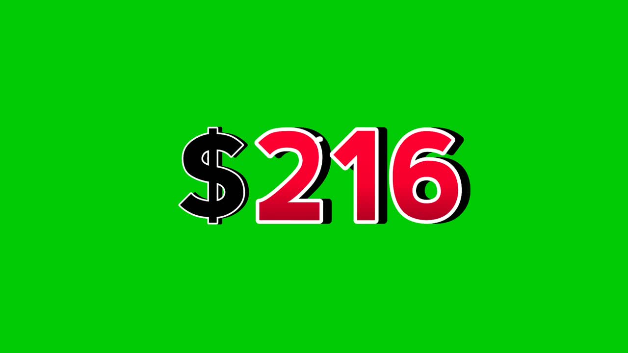 Animation number $216 dollar sign motion graphics with smoke effect green screen background vibrant red numbers. Video 3D effect with shadows for video elements business concept
