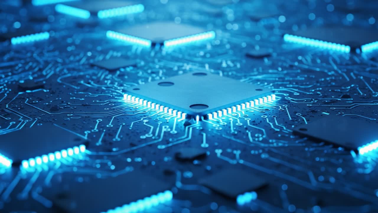 Exploring the Technological Landscape: A Close-Up View of Integrated Circuits and Circuit Boards Illuminated by Glowing LED Lights
