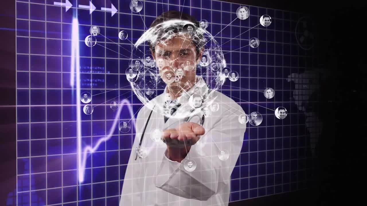 animación de un médico usando una pantalla 3d virtual sobre un monitor de latidos cardíacos en el fondo.