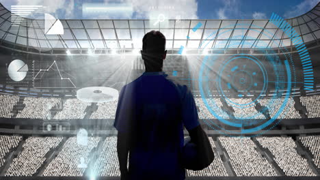 animación de escaneo de alcance y jugador de fútbol sobre gradas vacías en el estadio deportivo