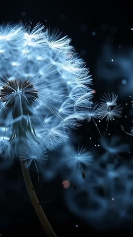dandelion seeds dispersing in the night. a dandelion puff sends seeds into the cool night air, creating a magical atmosphere against a dark backdrop.
