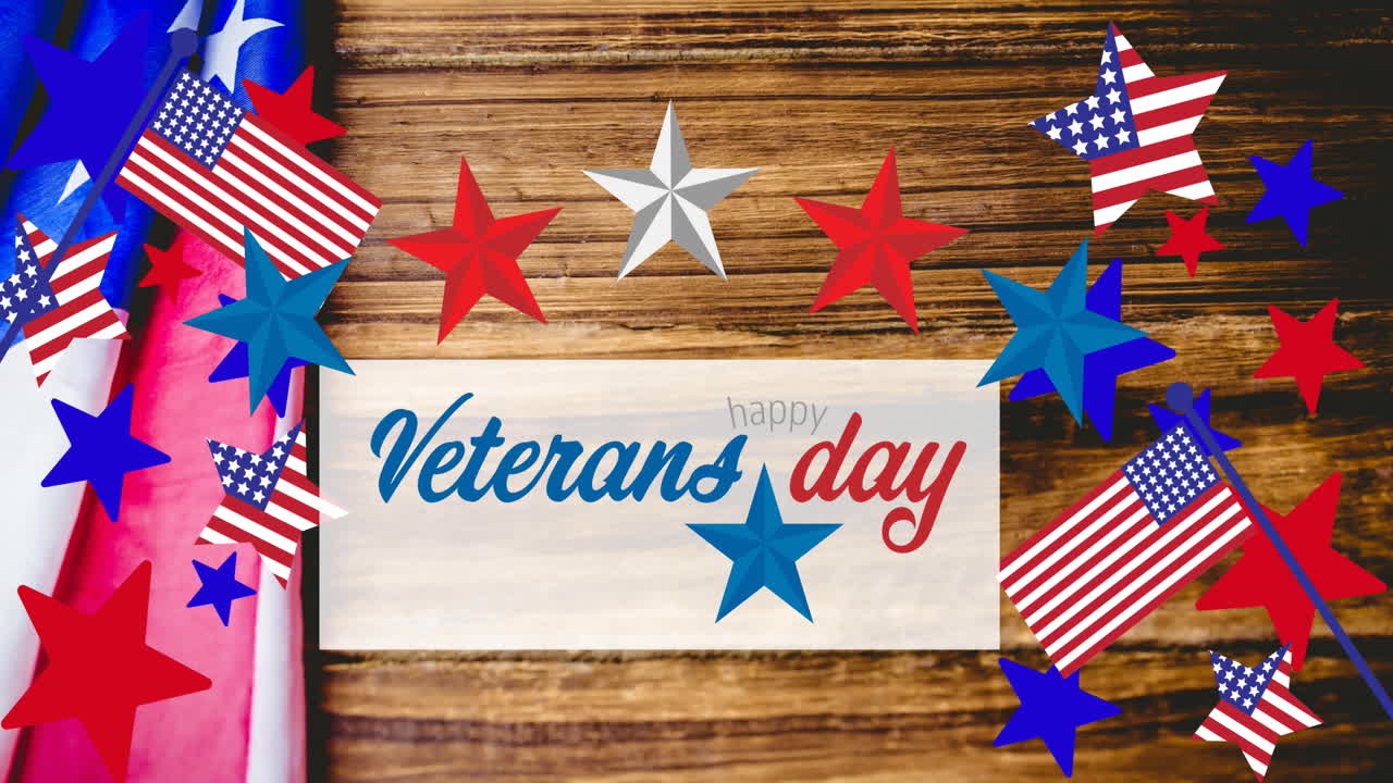 목재 배경에 미국  ⁇ 발과  ⁇ 발 요소가 있는 참전용사 날 텍스트의 애니메이션