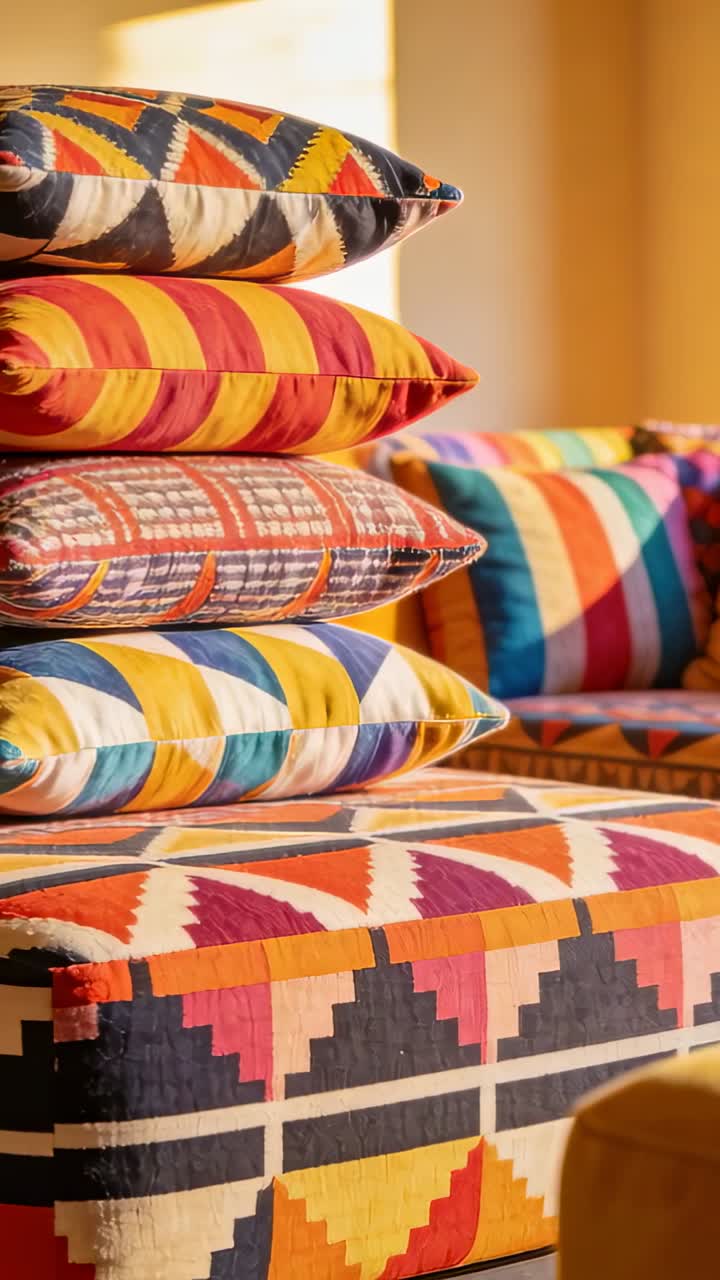Vertical video: Pulling camera in on stacked cushions at home, sunlight shifting, showing textures