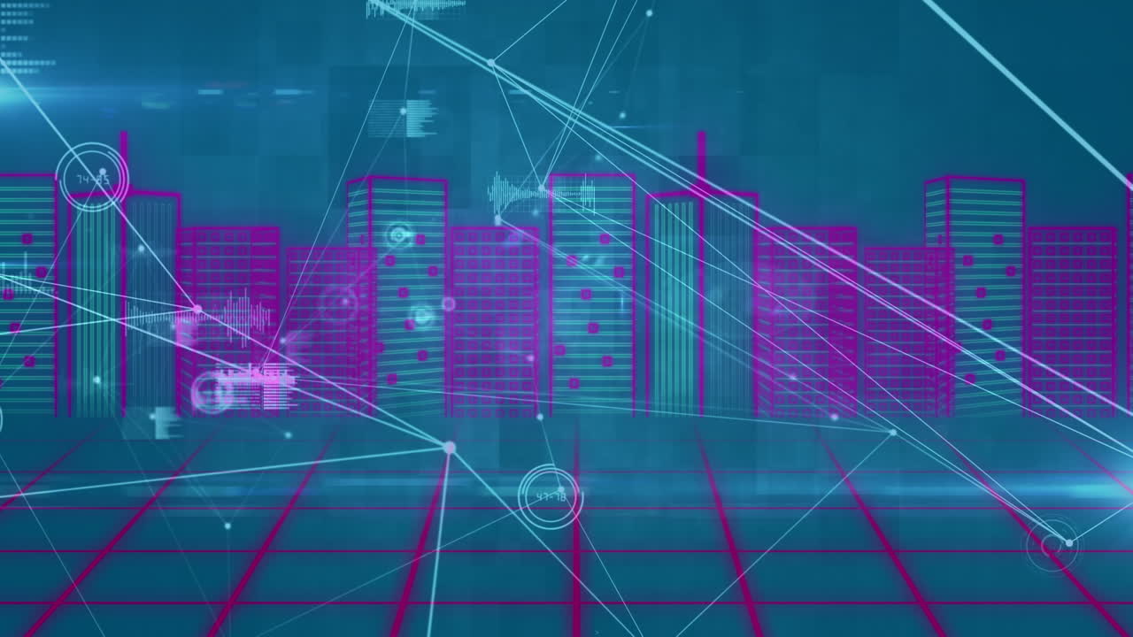 Animation of network of connections over digital city on blue background