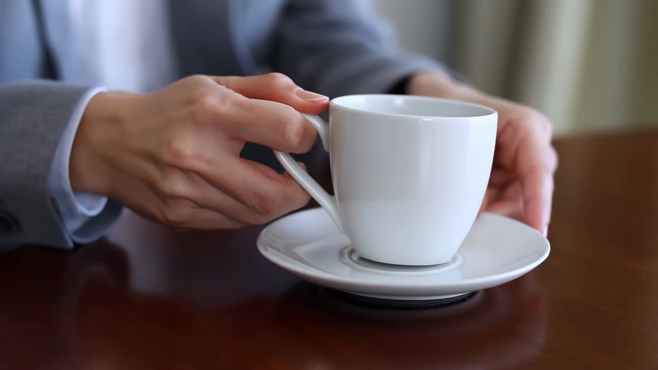 A person's hands holding a white coffee cup on a wooden table