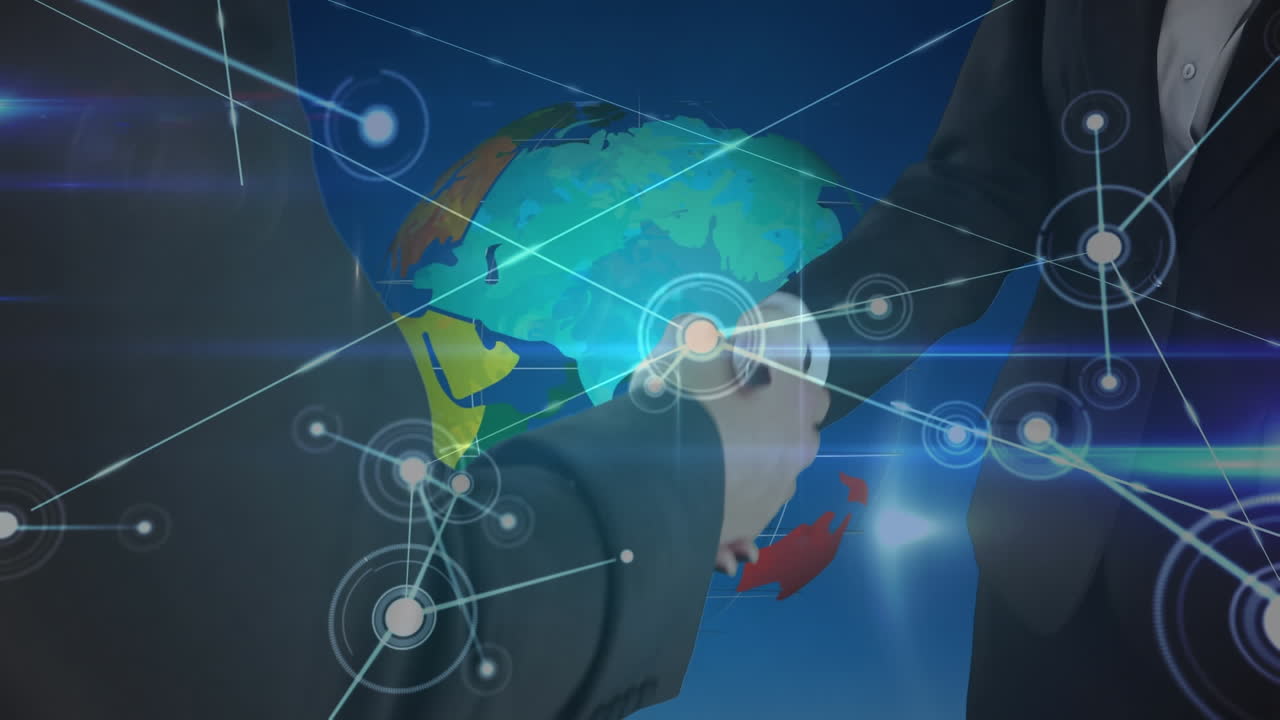 회전하는 지구에 대항하여 손을 흔드는 두 사업가의 중간 섹션에 대한 연결망