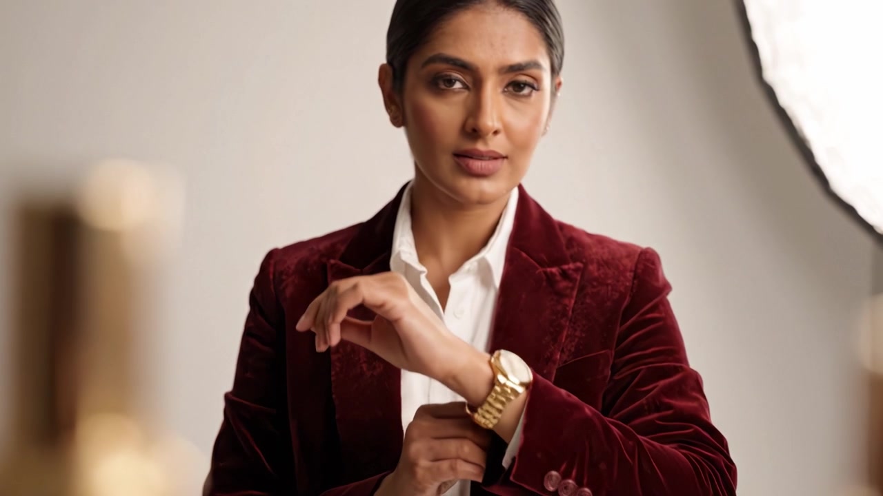Una donna sicura di sé, vestita con un blazer bordeaux alla moda, controlla l'orologio, mostrando eleganza e stile moderno in un ambiente sofisticato.