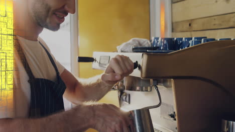 male barista pulling espresso and steaming milk in cafe, with animated graphs and bean icons