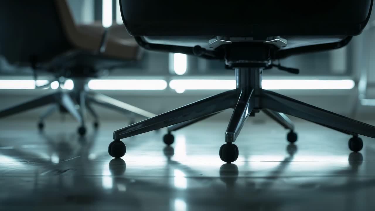 Inquadratura che suggerisce una telecamera che scorre in avanti, evidenziando la base di una sedia girevole e il bagliore LED sul pavimento della sala riunioni.