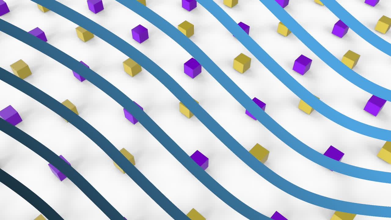 Animation of blue parallel wavy stripes over yellow and purple cubes moving on white background