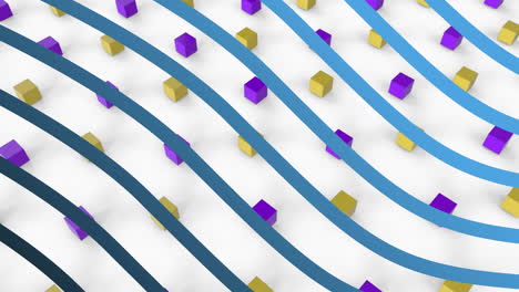 animación de rayas onduladas paralelas azules sobre cubos amarillos y púrpuras que se mueven sobre un fondo blanco