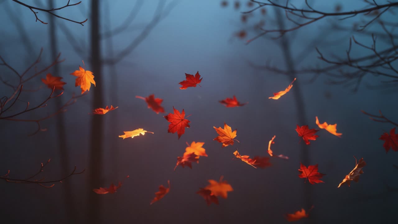 Glistening Autumn Leaves Dancing in the Foggy Forest as They Gently Drift Over the Tranquil Water Surface, Capturing the Essence of Fall's Beauty
