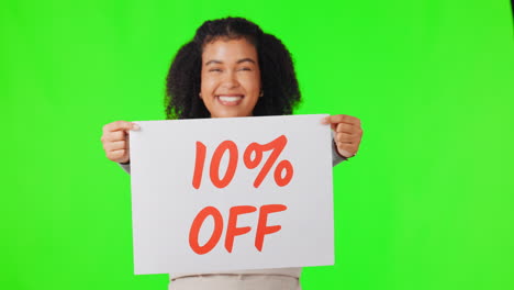 Happy-woman,-face-or-discount-sign-on-green-screen