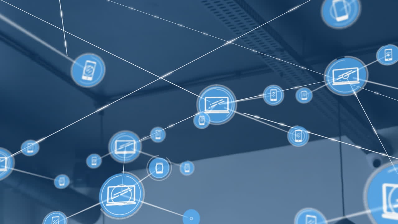 Animation of network of digital icons against view of office roof