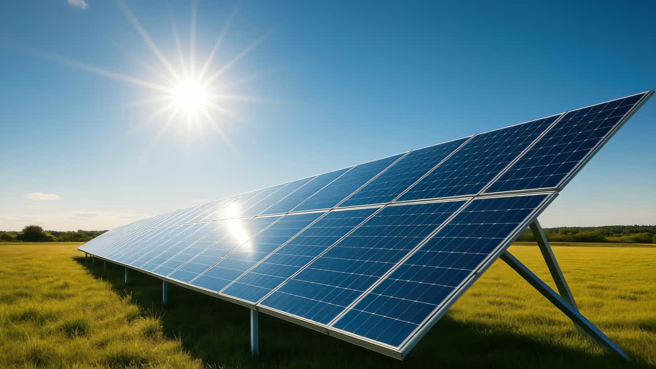 Low-angle shot of solar panels under a bright sun, capturing renewable energy