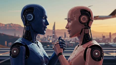 a futuristic encounter: two advanced robots embrace in a dazzling cityscape at sunset, symbolizing connection and technological advancement