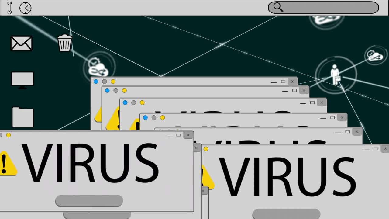 Animation of virus text, network of connections with icons and data processing
