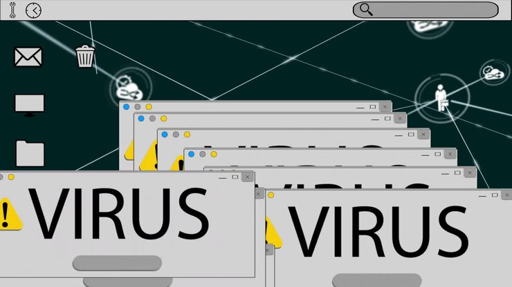 Animation af virustekst, netværk af forbindelser med ikoner og databehandling