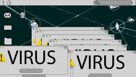 animation of virus text, network of connections with icons and data processing