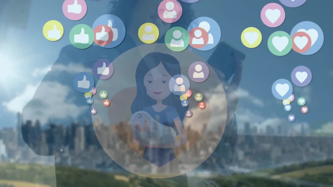 도시 풍경의 공중 시야를 대비하여 스마트폰을 사용하는 백인 남성 위에 떠다니는 여러 디지털 아이콘