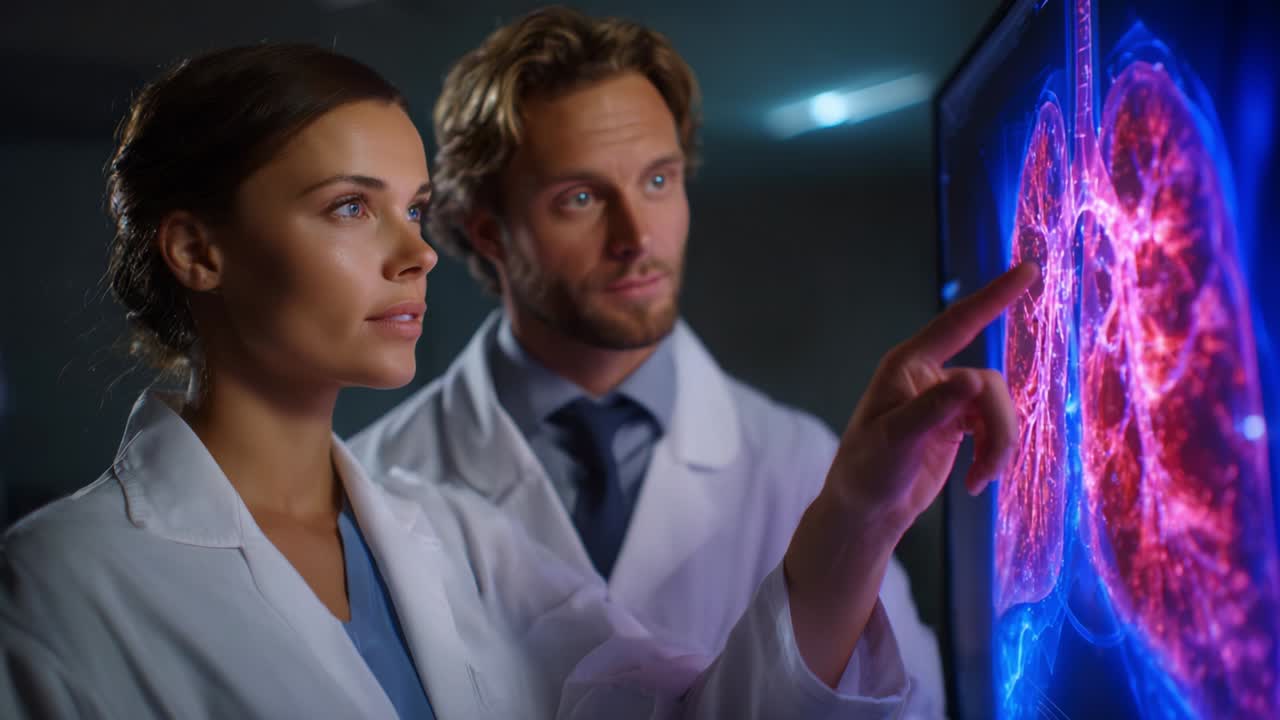 Two medical professionals engaged in a detailed examination of advanced imaging technology, focusing on a vivid visual representation of anatomical structures, emphasizing collaboration in healthcare