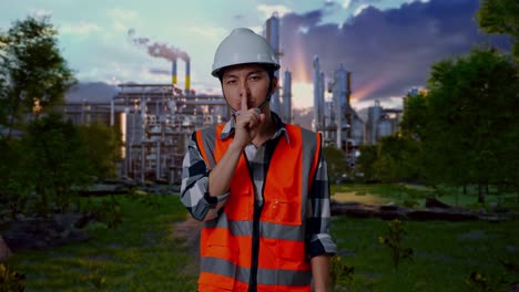worker gesturing to maintain silence at a green industrial site