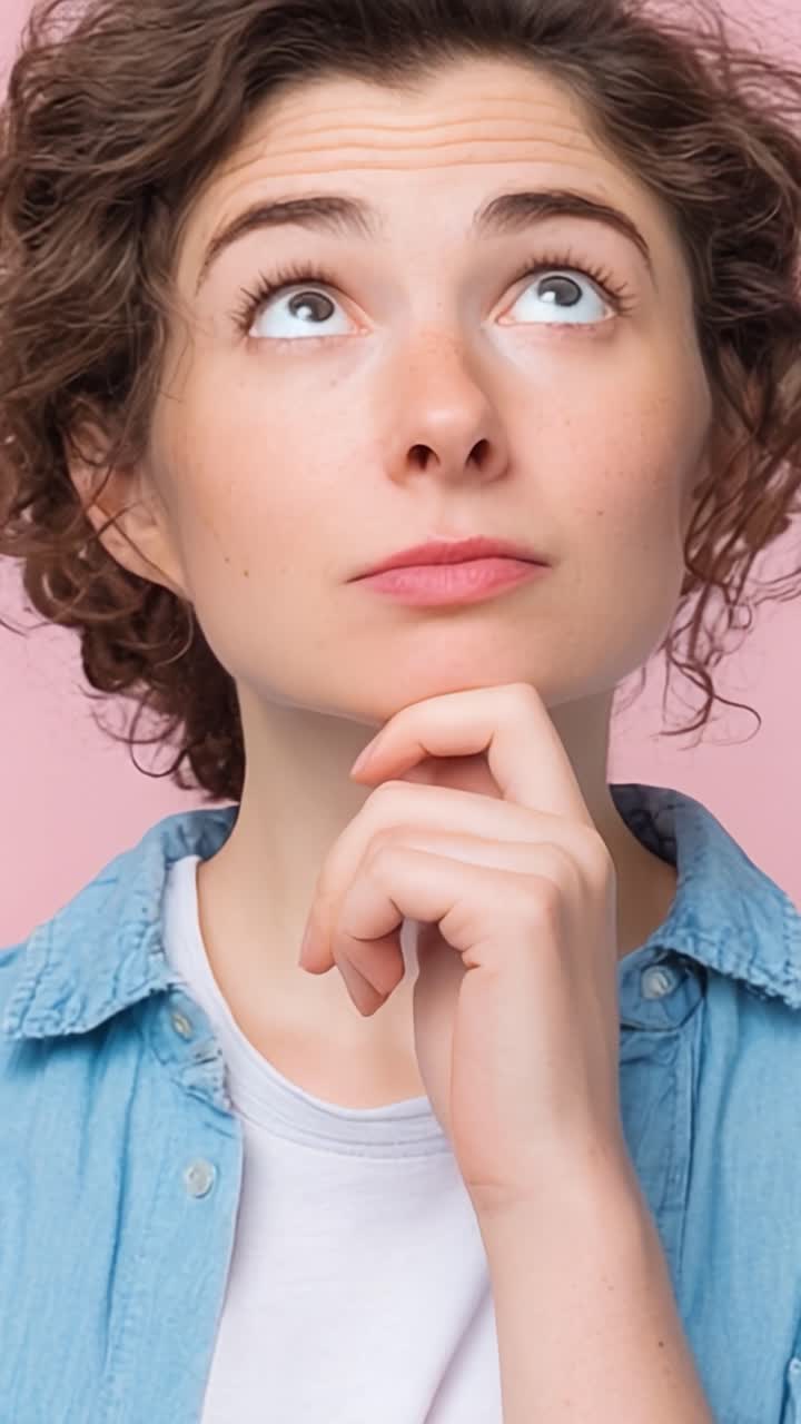 Giovane donna riflessiva con una camicia azzurra che contempla con un'espressione pensierosa su uno sfondo rosa tenue, catturando un momento introspettivo di curiosità.