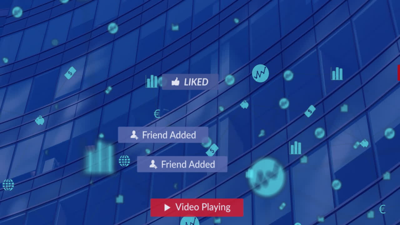 animación del texto de las redes sociales en pancartas con iconos digitales sobre un edificio moderno