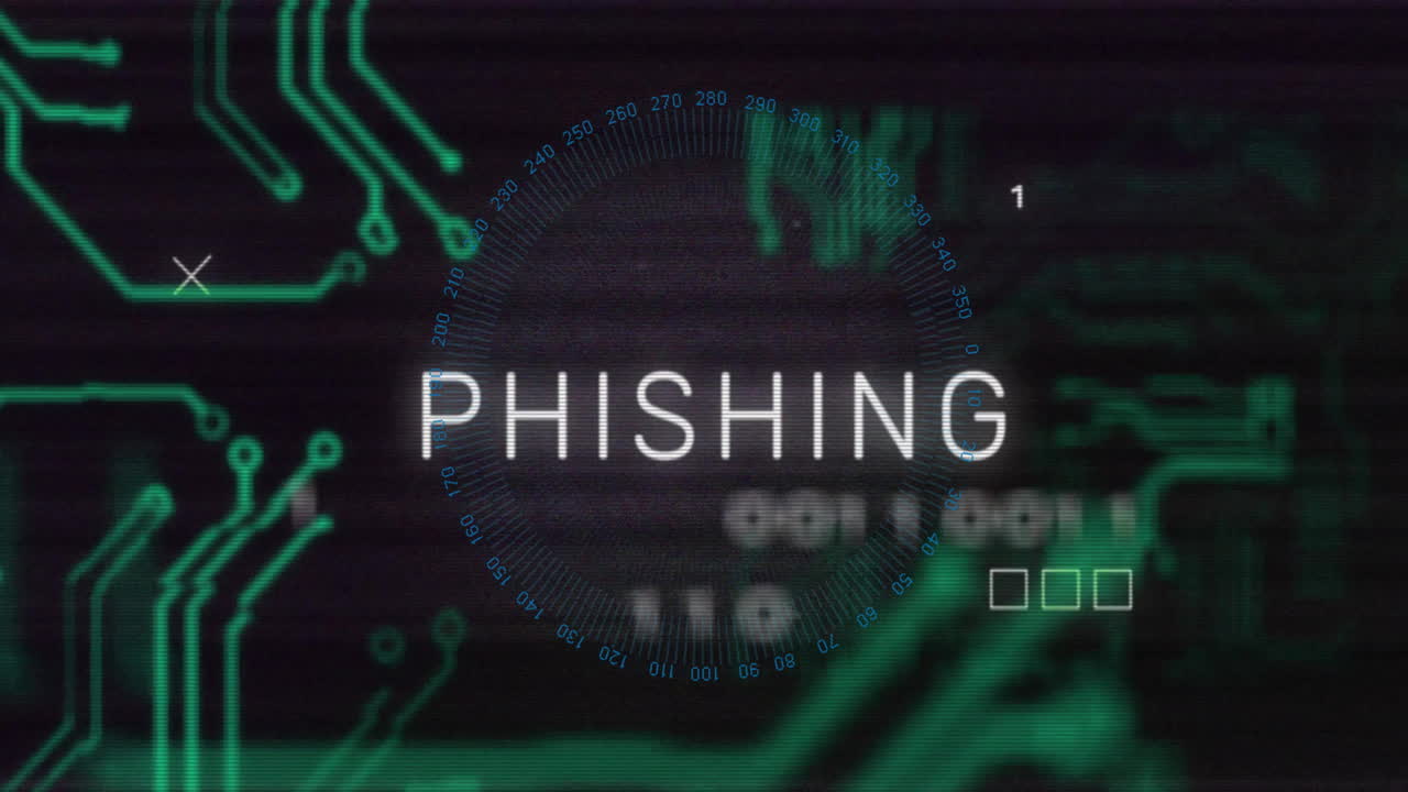 Animation of data processing with phishing text and computer circuit board on black background