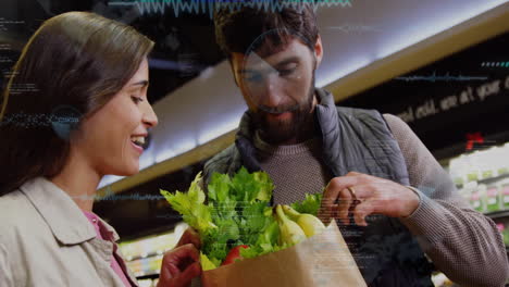 couple shopping for fresh produce with data processing animation overlay