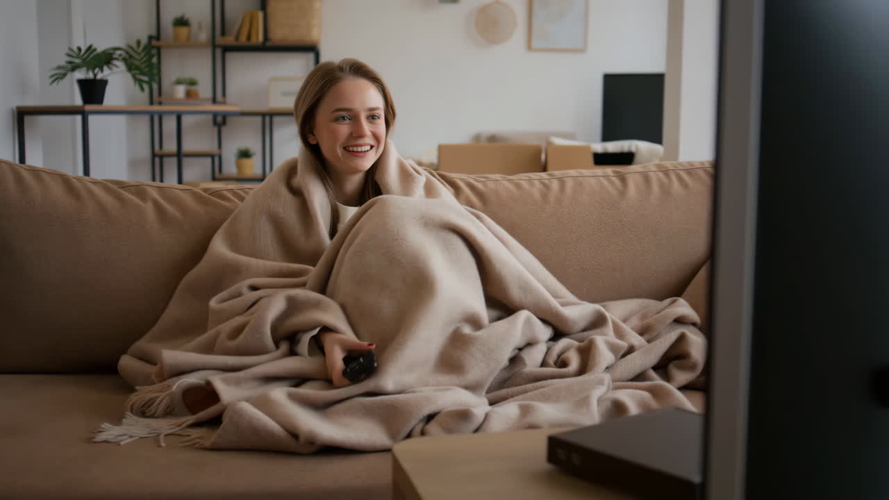 mujer relajándose en el sofá viendo la televisión