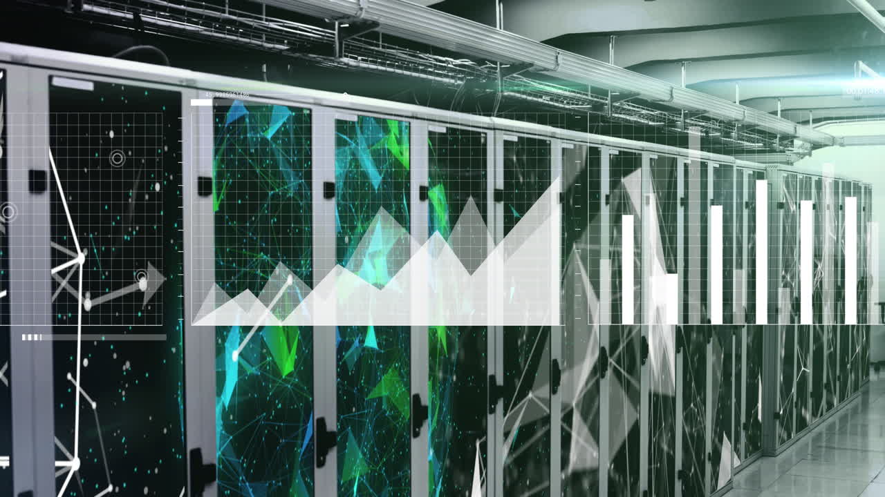 Animation of interface with data processing against plexus networks over computer server room