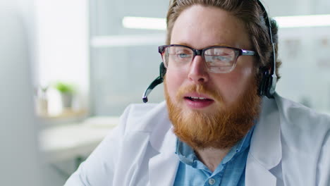 doctor in headset consulting via online call