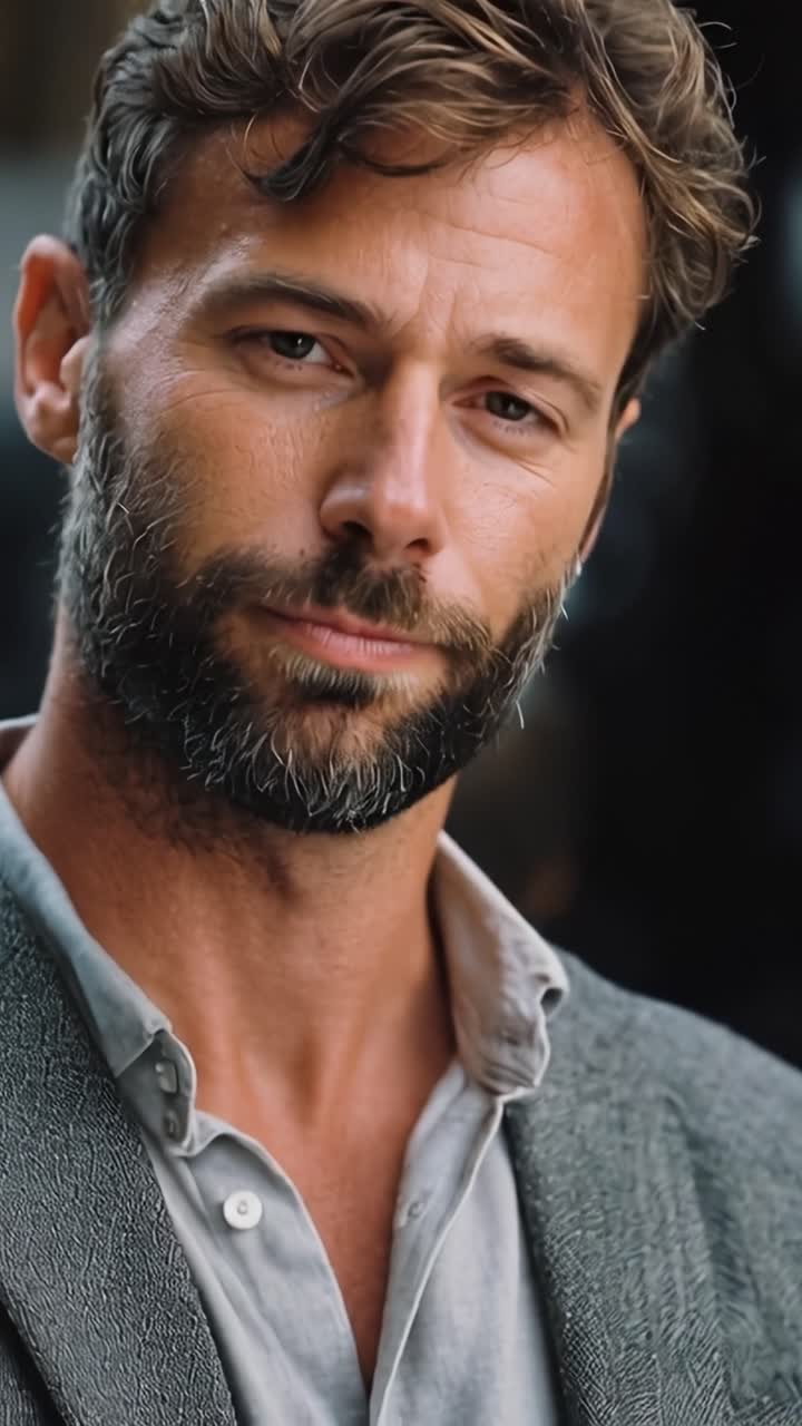 Uomo con la barba legge un giornale, concentrato, calmo. I suoi occhi mostrano pensosità, tranquilla concentrazione. Abbigliamento casual, illuminazione soffusa, ambiente intimo. Ideale per scene di lifestyle, affari o momenti di riflessione