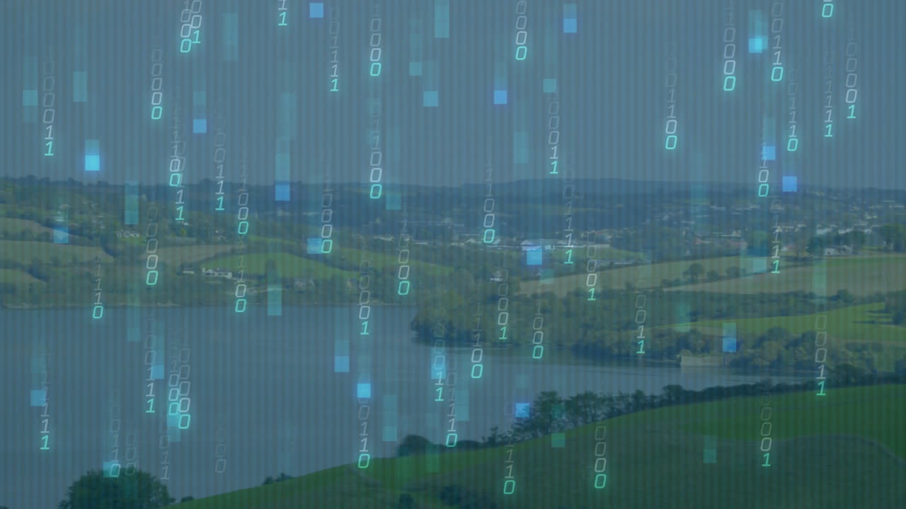 Glowing data streams animating over rural lake in scene, with data blocks in 3D render