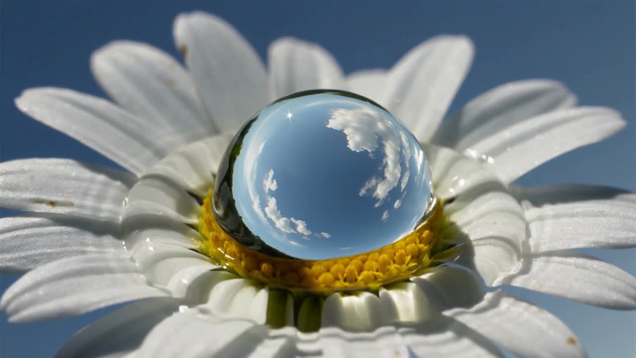 Descending droplet hitting yellow daisy disk in macro, tension forming convex lens reflecting sky