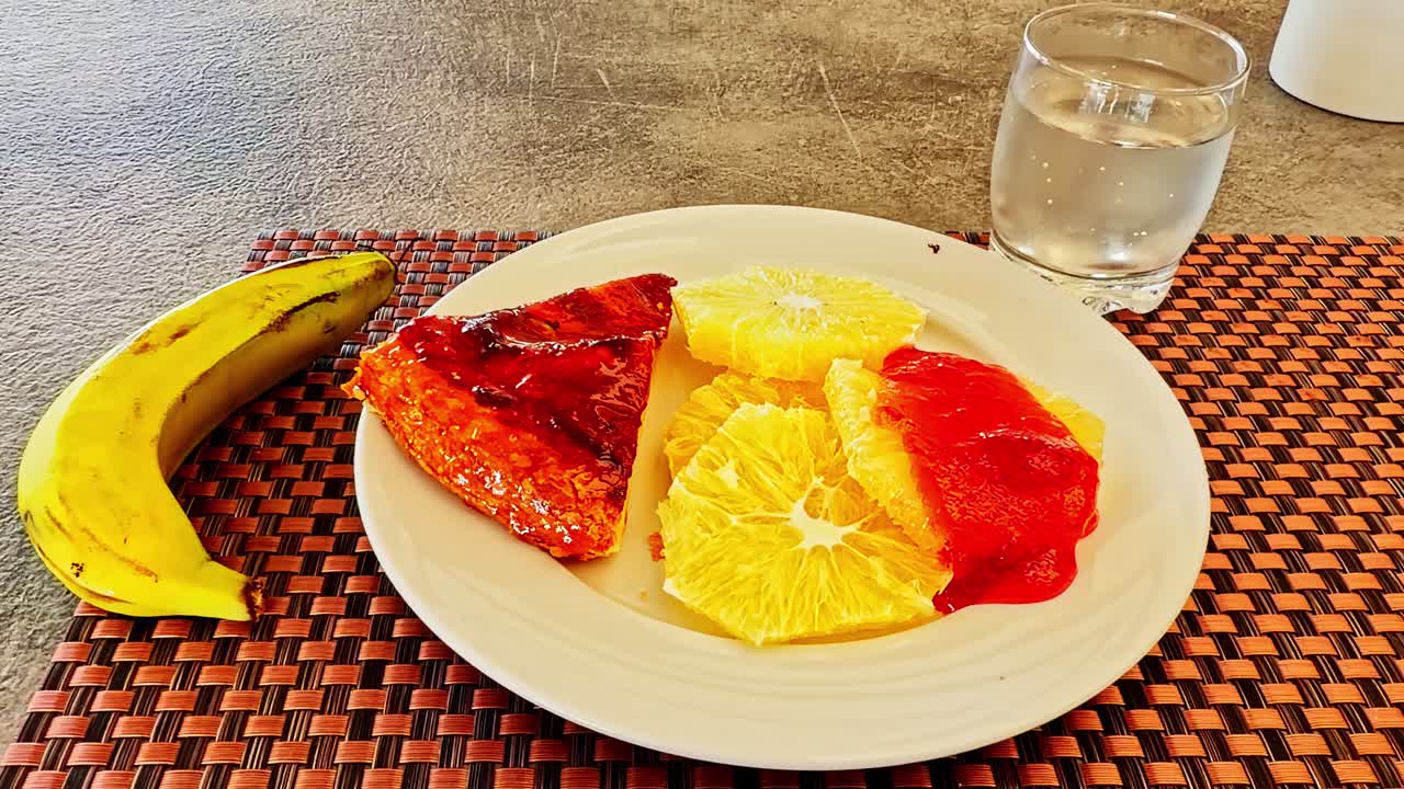 Sumptuous breakfast with cake and oranges in Sharm El-Sheikh, Egypt